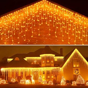 400 LED Lichterkette Außen, 10M 8 Modi Lichtvorhang Weihnachtsbeleuchtung Außen, Wasserdichte Lichterkette Außen Innen Strom mit Memory-Funktion, Balkon, Garten, Party, Weihnachten Deko (Warmweiß)