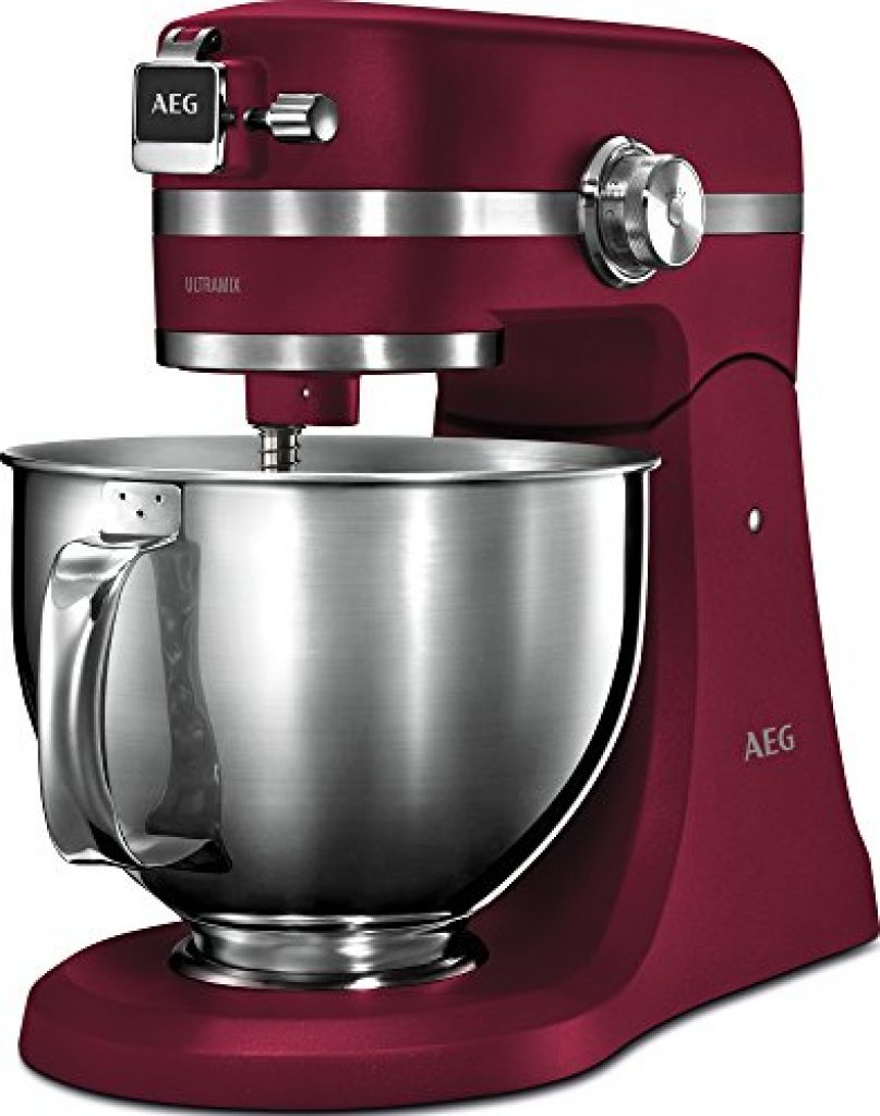 AEG KM 5520 Küchenmaschine / Zubehör / 1,6 PS / 10 Geschwindigkeitsstufen / Pulsfunktion / LED-Licht / Aromadeckel / Voll-Metall-Gehäuse / 4,8 l & 2,9 l Edelstahl-Rührschüsseln + Spritzschutz / rot