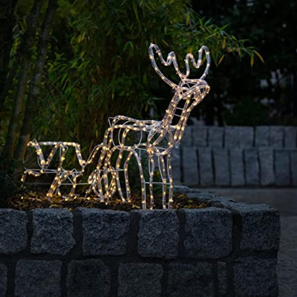 famlights Weihnachtsdeko aussen - Rentier mit Schlitten beleuchtet außen für einen weihnachtlichen Garten - Weihnachten Deko LED Figuren / Weihnachtsbeleuchtung außen