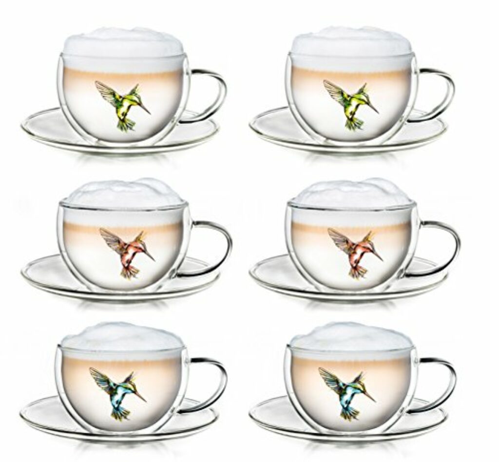 Creano 6er-Set Thermo-Tassen"Hummi" für Tee/Latte Macchiato, doppelwandig, mit Kolibri-Muster | 250ml in exklusiver Geschenkpackung