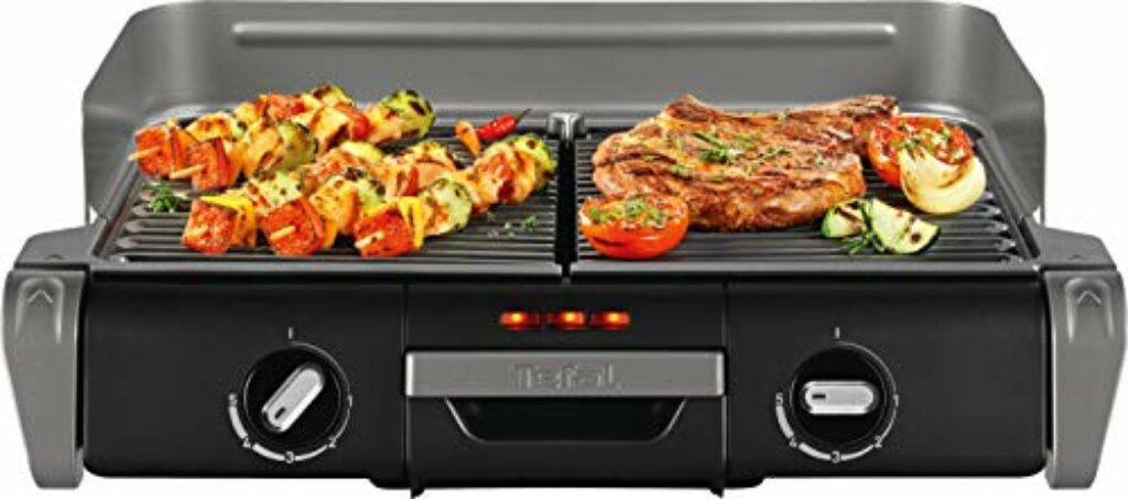 Tefal Elektrogrill Family TG8000 | Tischgrill/BBQ | zwei getrennte Grillroste mit stufenlosen Thermostaten | individuell regulierbar | Spülmaschinengeeignet | 2400W | Schwarz | Silber