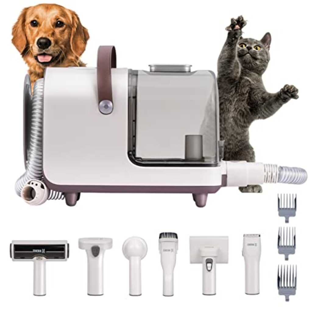 HICHEE Hundeschermaschine mit Staubsauger, Hundbürste, Tierhaarstaubsauger elektrische Haustierbürste, 13000 Pa 99.99% Vakuum-Sauger (2,5L), Mit 6 Pflegezubehör für die Hunde, leise