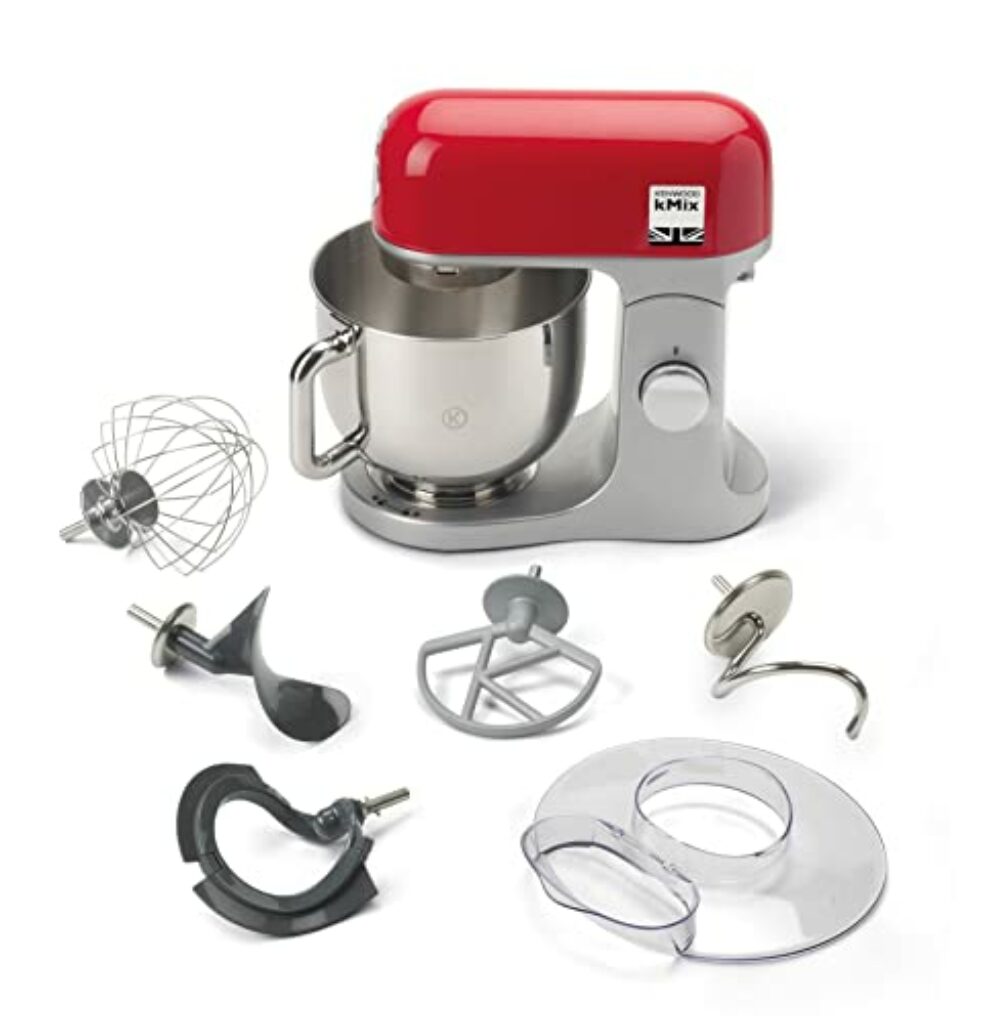 Kenwood kMix KMX750RD Küchenmaschine, 5 l Edelstahl Schüssel, Safe-Use-Sicherheitssystem, Metallgehäuse, 1000 Watt, inkl. 3-Teiligem Patisserie-Set und Spritzschutz, Rot