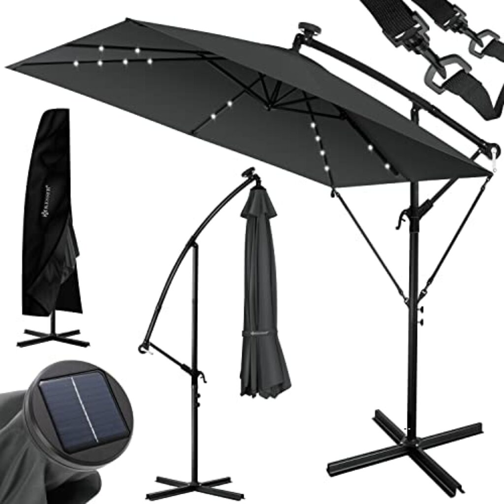 KESSER® Ampelschirm Holly Sonnenschirm Rechteckig LED Solar Inkl. Abdeckung + Windsicherung mit Kurbelvorrichtung Aluminium mit An-/Ausschalter Wasserabweisend 250cm x 250cm Schirm Gartenschirm