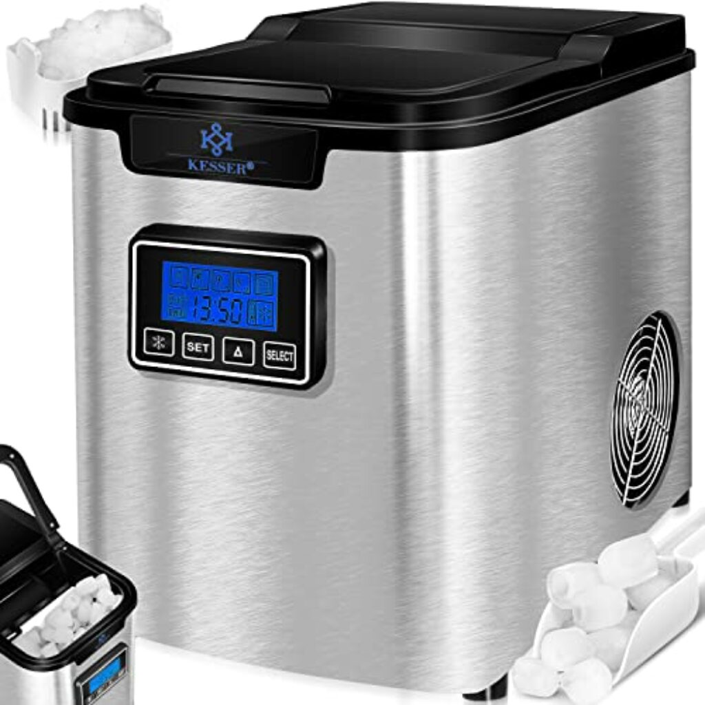 KESSER® Eiswürfelbereiter | Eiswürfelmaschine Edelstahl | 150W Ice Maker | 12 kg 24 h | 3 Würfelgrößen | Zubereitung in 7 min | 2,2 Liter Wassertank | Timer | LCD-Display | Selbstreinigungsfunktion