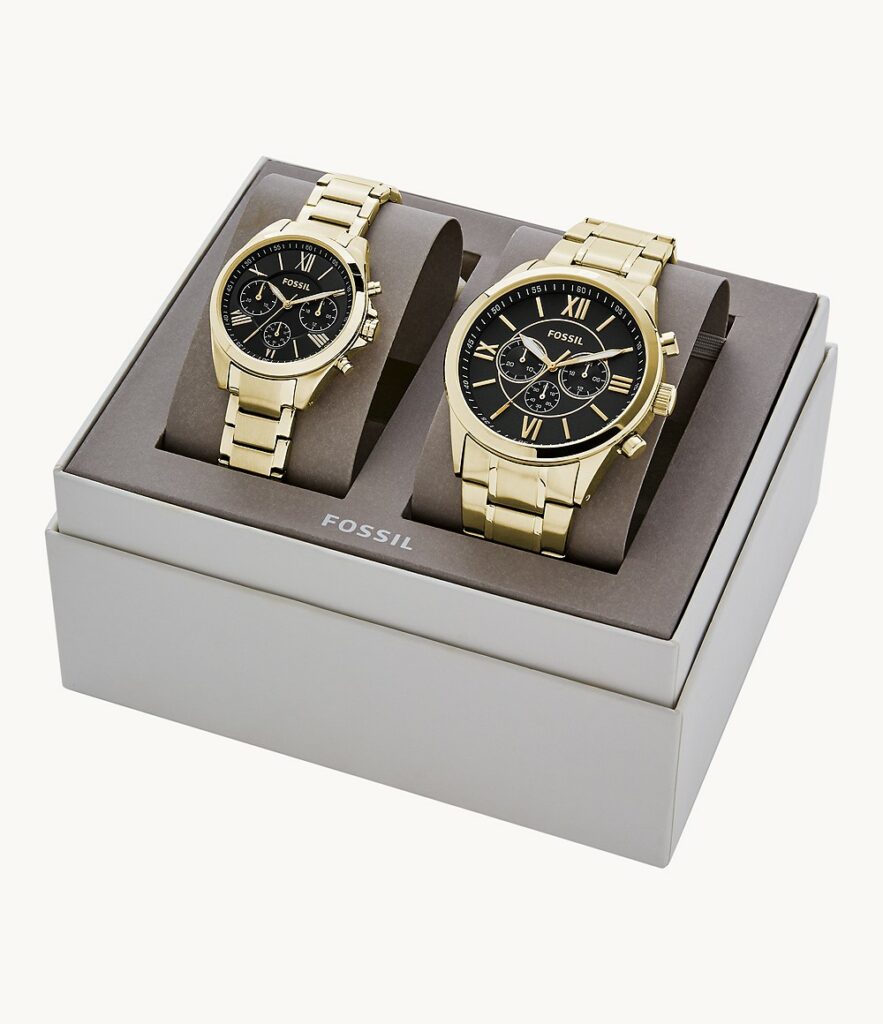 Fossil Outlet Unisex Geschenkset Uhren His and Hers Chronograph Edelstahl goldfarben