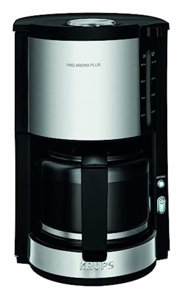 Krups KM3210 Pro Aroma Plus Filterkaffeemaschine | 10 Tassen | 1,25 L | 30-Minuten-Warmhaltefunktion | sichtbares Wasserstands Fenster | Tropfstopp-System | Schwarz mit Edelstahlapplikationen