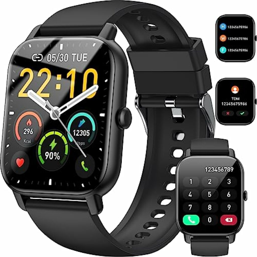 Smartwatch für Damen Herren, 1,85 Zoll Touchscreen mit Bluetooth Anrufe, IP68 Wasserdicht Fitnessuhr mit Herzfrequenzmonitor Schlafmonitor Schrittzähler, Sportuhr für iOS Android, Schwarz