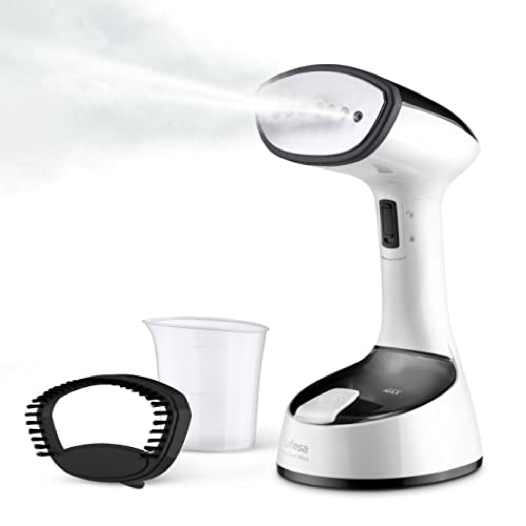 Ufesa Steamer Black Mist Folding Steam Straightener, vertikales Reisebügeleisen, 1470 Watt, 150ml Tank, duftet und desinfiziert, Dampfbürste für dicke Stoffe, in nur 25s, Amazon Exclusive