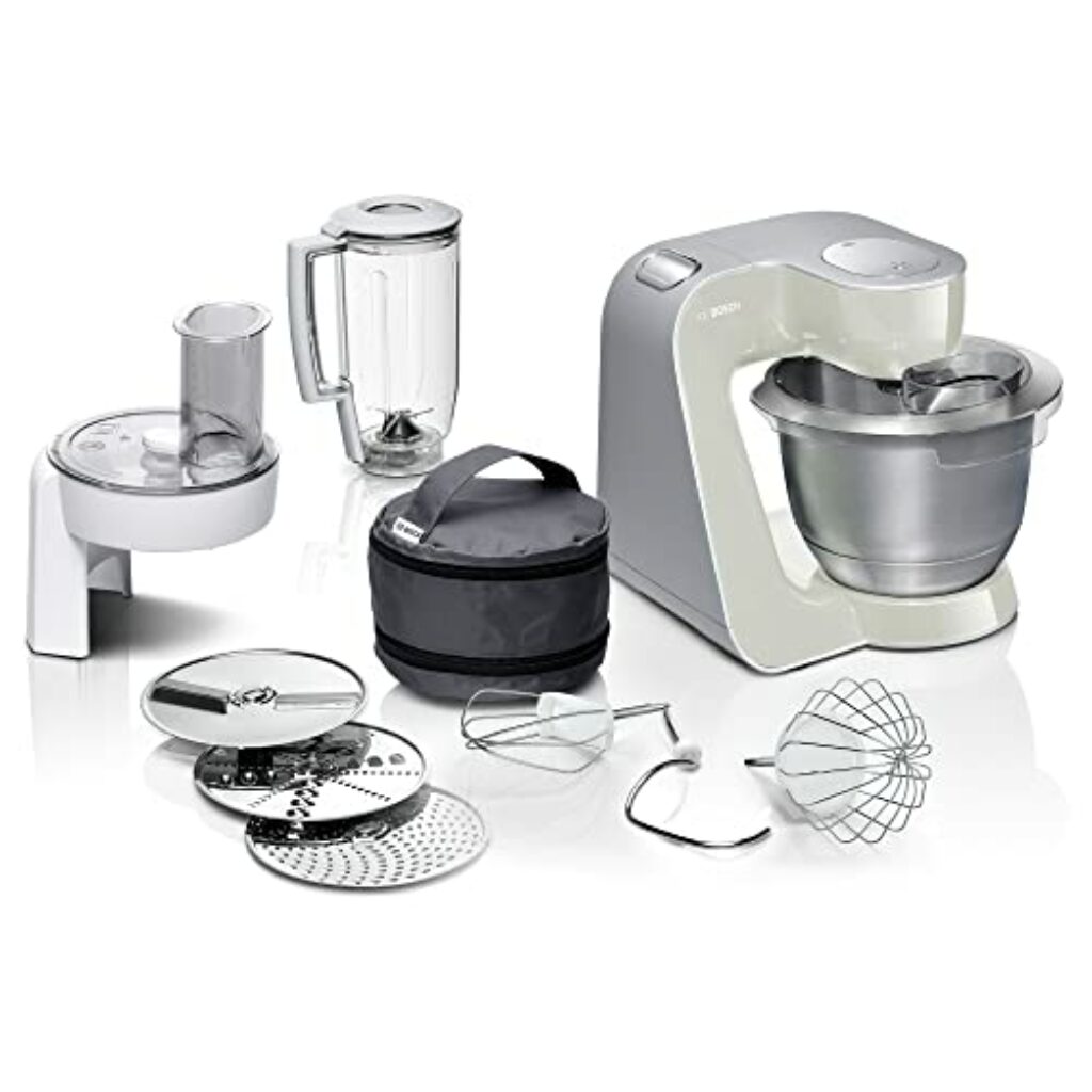 Bosch Küchenmaschine MUM5 CreationLine MUM58L20, Edelstahl-Schüssel 3,9 L, Mixer 1,25 L, Planetenrührwerk, Knethaken, Schlag- und Rührbesen Edelstahl, Durchlaufschnitzler, 3 Scheiben, 1000 W, grau