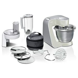 Bosch Küchenmaschine MUM5 CreationLine MUM58L20, Edelstahl-Schüssel 3,9 L, Mixer 1,25 L, Planetenrührwerk, Knethaken, Schlag- und Rührbesen Edelstahl, Durchlaufschnitzler, 3 Scheiben, 1000 W, grau