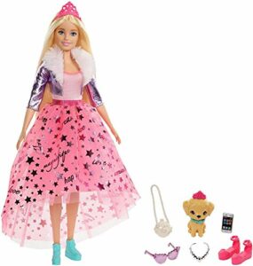 Barbie GML76 - Prinzessinnen-Abenteuer Puppe mit Mode (ca. 30 cm), blond, Barbie-Puppe mit Hündchen, 2 Paar Schuhe, Diadem und 4 Accessoires, für Kinder von 3 bis 7 Jahren