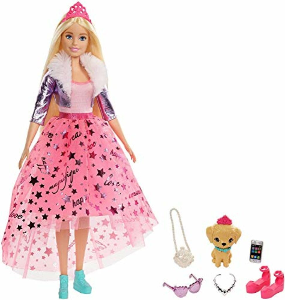 Barbie GML76 - Prinzessinnen-Abenteuer Puppe mit Mode (ca. 30 cm), blond, Barbie-Puppe mit Hündchen, 2 Paar Schuhe, Diadem und 4 Accessoires, für Kinder von 3 bis 7 Jahren