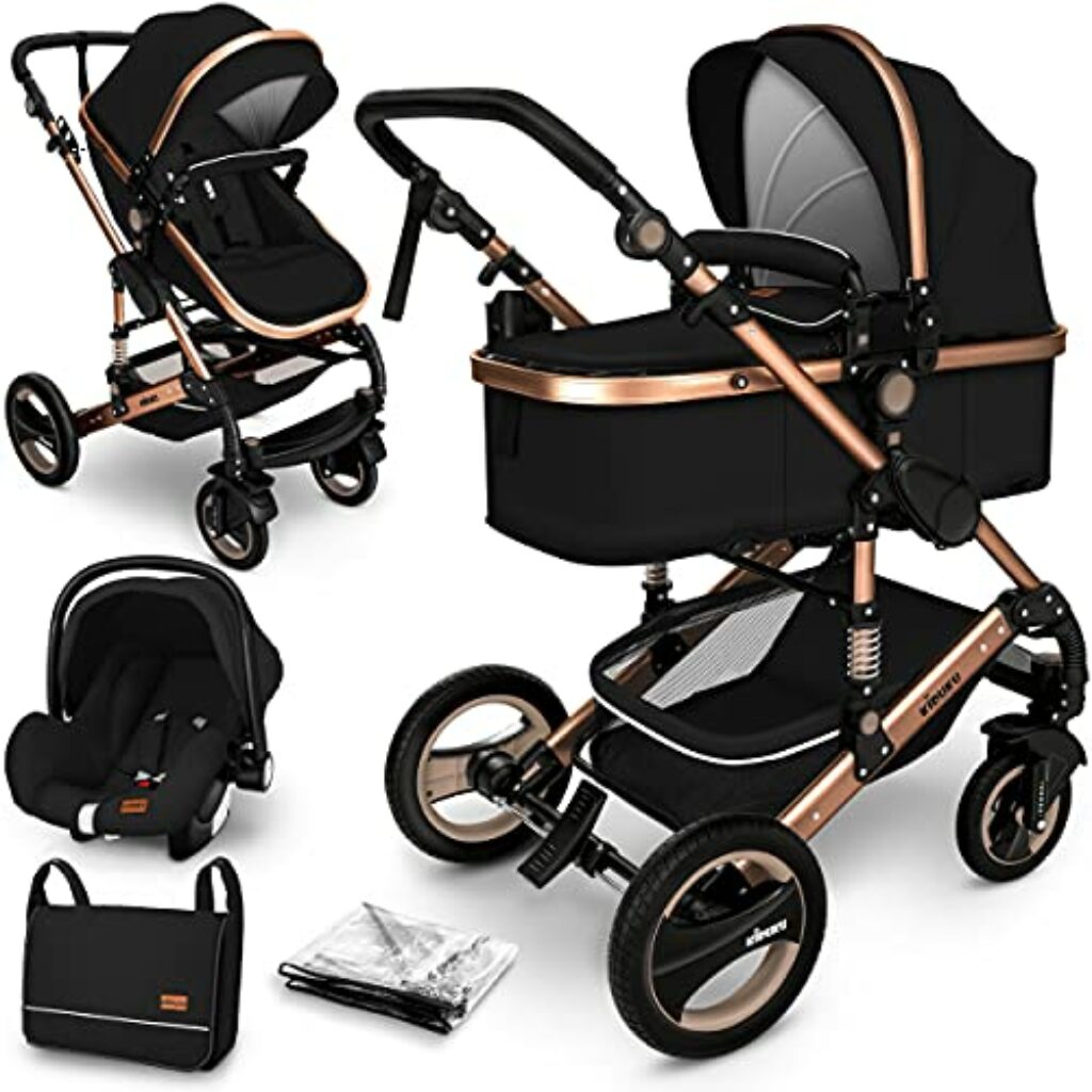 KIDUKU® 3 in 1 Kinderwagen Komplettset | Kombikinderwagen Set inkl. Babywanne Buggy Auto-Babyschale Fußsack | Voll-Gummireifen Wickeltasche Regenschutz Kindertisch (Schwarz/Kupfergold)
