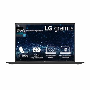 LG gram (2023) 16 Zoll Ultralight Notebook - 1.190 g Intel Core i7 Laptop (16GB RAM, 512GB SSD, 22h Akkulaufzeit, 16:10, IPS LCD-Display, Thunderbolt 4, Win 11 Home, Mirametrix) - Schwarz