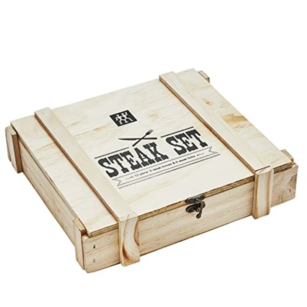 ZWILLING Steakbesteck Set für 6 Personen, 12-teilig, 6 Steakmesser und 6 Steakgabeln, Inkl. Holz-Aufbewahrungskiste, Rostfreier Edelstahl / Holz