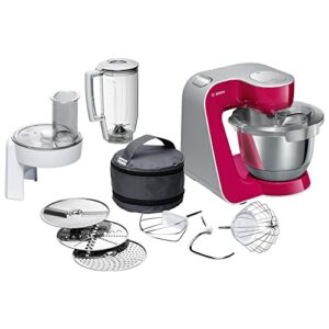 Bosch Küchenmaschine MUM5 CreationLine MUM58420,Edelstahl-Schüssel 3,9 L,Mixer 1,25 L,Planetenrührwerk,Knethaken,Schlag,Rührbesen Edelstahl, Durchlaufschnitzler, 1000 W, himbeerrot-Silber