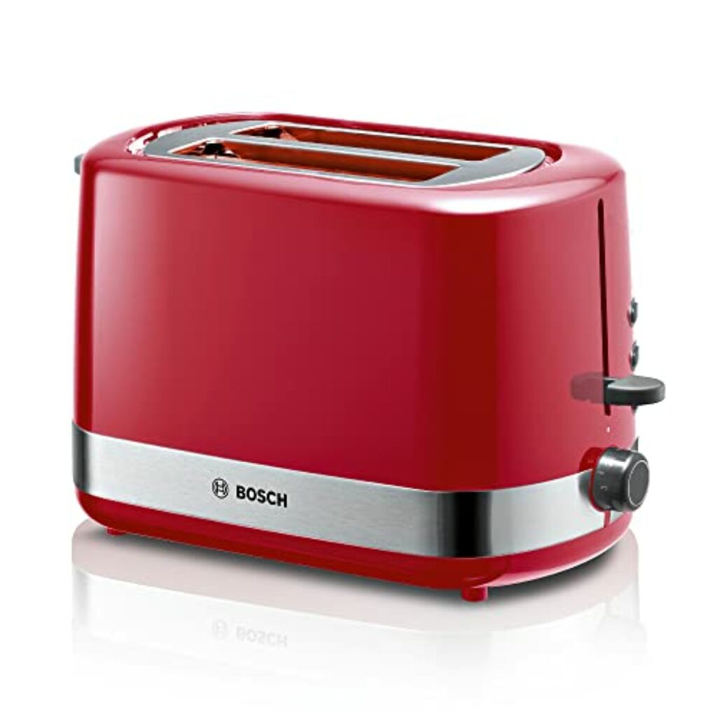 Bosch Kompakt Toaster TAT6A514, integrierter Edelstahl-Brötchenaufsatz, mit Abschaltautomatik, Auftaufunktion, perfekt für 2 Scheiben , Liftfunktion, Brotzentrierung, 800 W, /rot