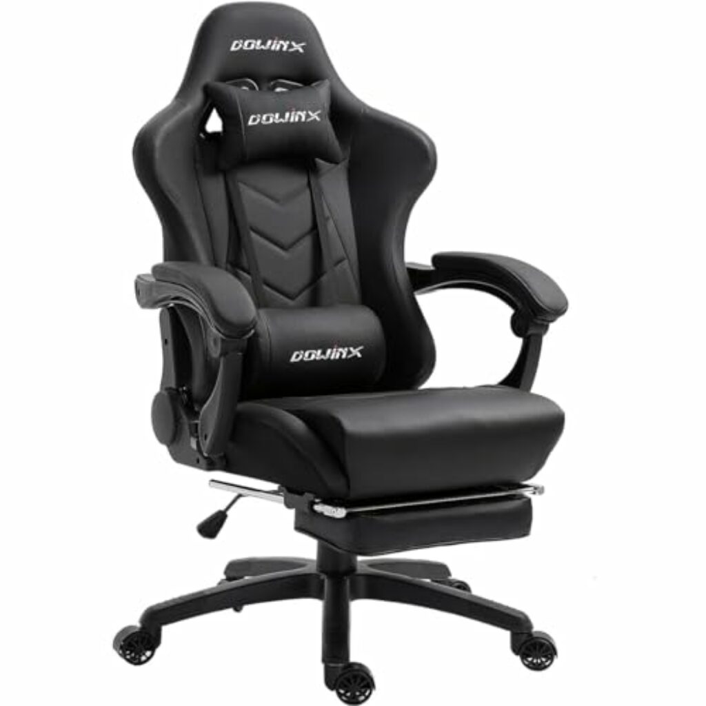 Dowinx Gaming Stuhl Ergonomischer Gamer Stuhl mit Lendenwirbelstütze, PC Bürostuhl Rückenlehne Verstellbarer Drehsessel mit Fußstütze (Schwarz)