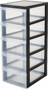 Iris Ohyama, Aufbewahrungsturm aus Kunststoff, 11-Liter-Büroschublade, 5 Schubladen, mit Rollen, DC-005, Schwarz, ergonomischer Griff ? B40 x T29 x H76 cm