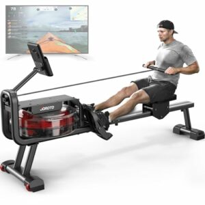 JOROTO Rudergerät für zuhause, Rudermaschine Klappbar mit Wasserwiderstand, 150kg Gewichtskapazität Rowing Machine mit Bluetooth-Funktion, Ipad-Halterung