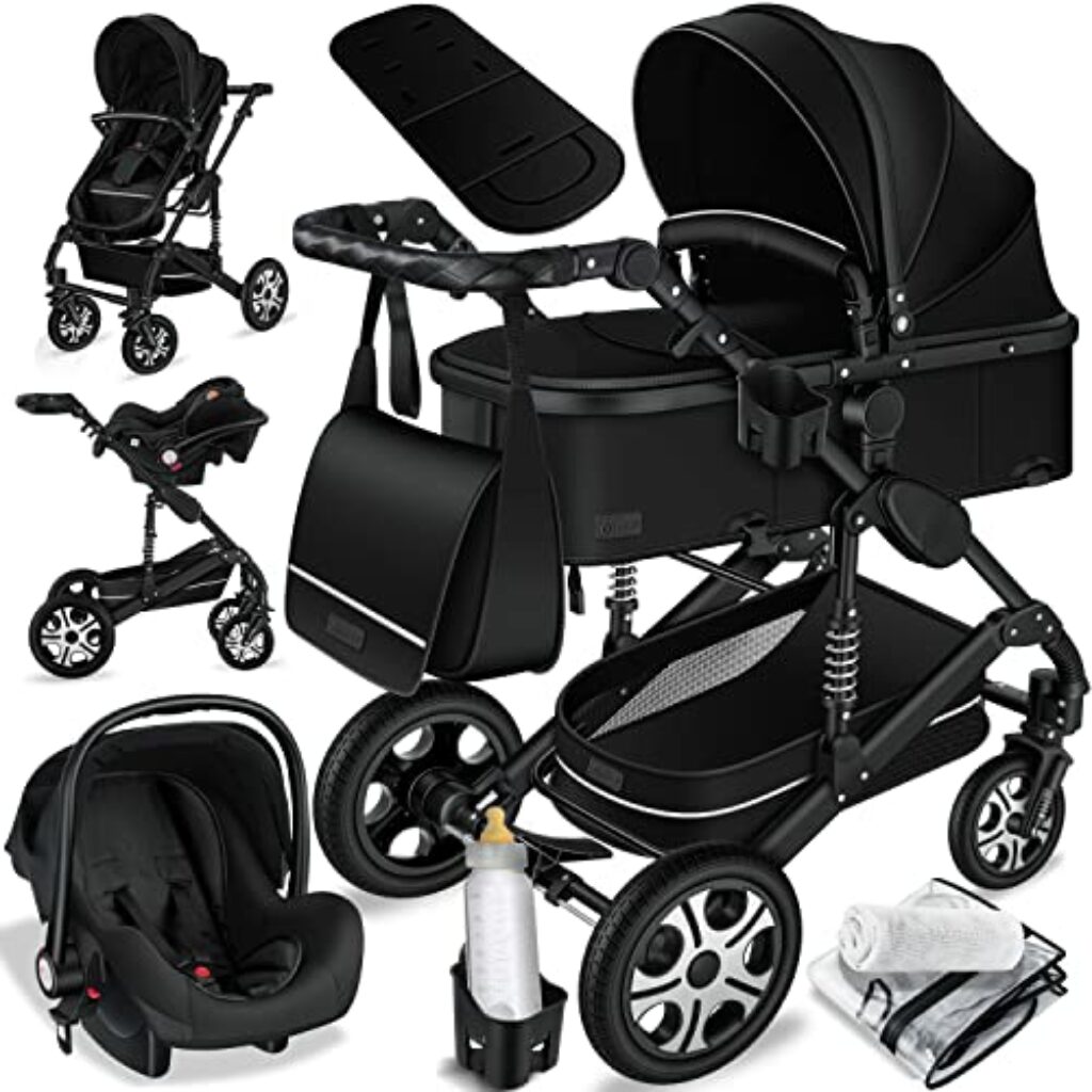 KESSER® Loops 3 in 1 Kinderwagen Kombikinderwagen komplettset incl. Babywanne & Buggy Sportsitz & Auto-Babyschale - Voll-Gummireifen - Wickeltasche/Regenschutz/Kindertisch Set, Schwarz/Schwarz