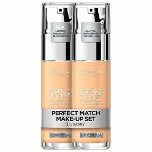 L'Oréal Paris Make up im Doppelpack, Flüssige Foundation mit Hyaluron und Aloe Vera, Perfect Match Make-Up, Nr. 3.N Creamy Beige, 2 x 30 ml