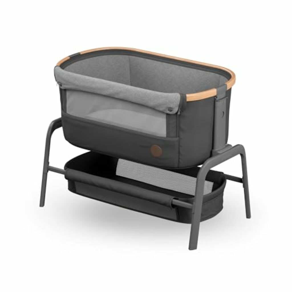 Maxi-Cosi Iora Beistellbett, hochwertiges, höhenverstellbares Babybett, nutzbar ab der Geburt bis max. 9 kg, Inkl. Matratze und Tasche, kompakt faltbar, Essential Graphite (grau)