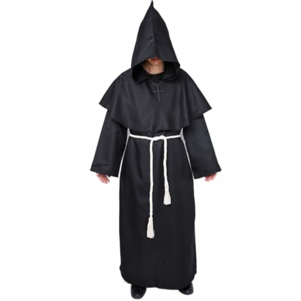 Myir JUN Mönch Robe Kostüm Mönch Priester Gewand Halloween Kostüm mit Kapuze Mittelalterliche Kapuze Herren Männer Mönchskutte (Schwarz, Large)