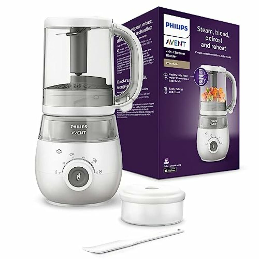 Philips Avent 4-in-1-Babynahrungszubereiter, Dampfgarer, Dampfgaren, Mixen, Auftauen & Aufwärmen, 1000ml Kapazität, inklusive Rezeptbuch (mit App) & Aufbewahrungsbehälter, weiß (Modell SCF883/01)