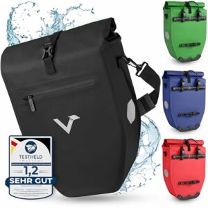 Valkental - Große & wasserdichte Gepäckträgertasche - 28L Füllvolumen - Fahrradtasche für Gepäckträger mit Reflektoren in Schwarz