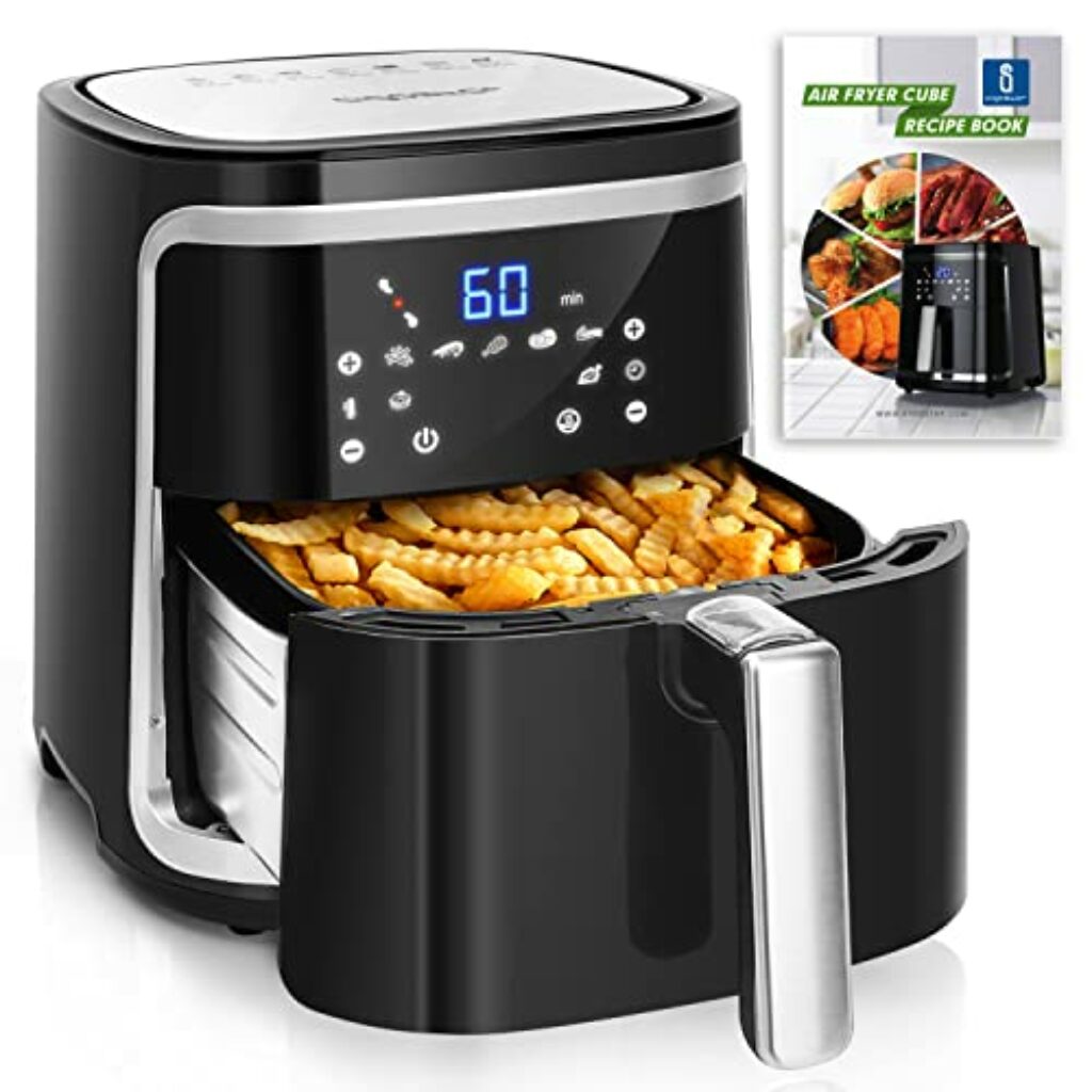 Aigostar Cube Heißluftfritteuse 7L XXL Friteuse Heissluft 1900 W Heissluftfriteuse, 7 Programmen, Warmhalten, 20 Rezepte, ohne Öl, für 6-10 Personen, Air Fryer mit Digitalem LED-Touchscreen, Schwarz