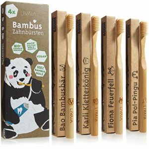 Bambus Zahnbürsten: 4x Bambus Zahnbürste aus reinem Bambus Holz – Vegan, ohne BPA für sanfte Reinigung mit Zahnpasta – Weiche Zahnbürste Holz mit putzigen Tiermotiven auch für Kinder von LIVAIA