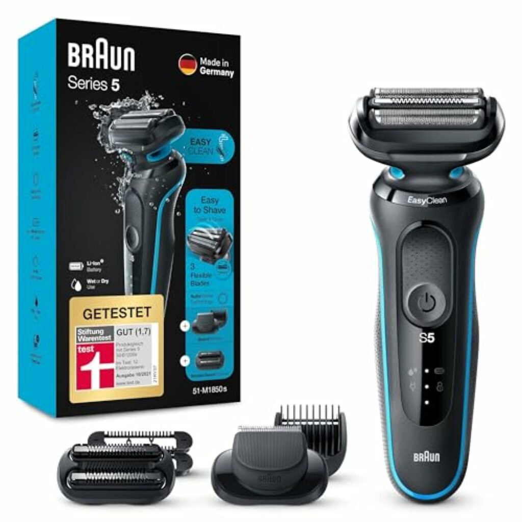 Braun Series 5 Rasierer Herren mit 2 EasyClick-Aufsätzen, Elektrorasierer / Barttrimmer, EasyClean, Wet & Dry, wiederaufladbar & kabellos, Vatertagsgeschenk, 51-M1850s, Mintgrün