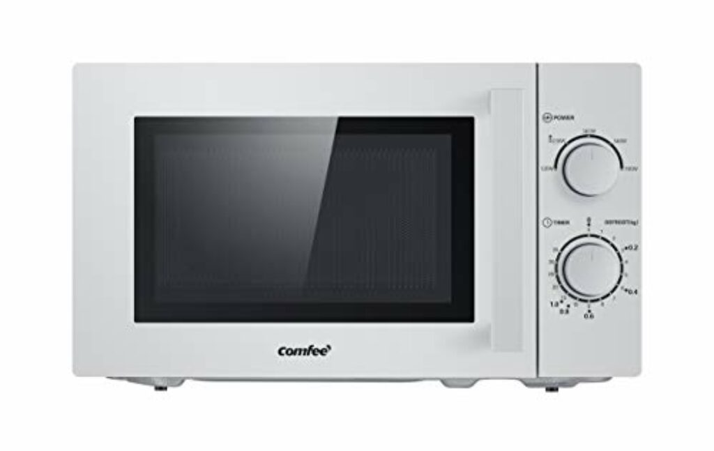Comfee CMSN 20 si Mikrowelle / Solo-Mikrowelle mit 5 Leistungsstufen/ Innenbeleuchtung/ easy Defrost/360°Drehteller / Zwei Drehregler/20L/700W/ Silber