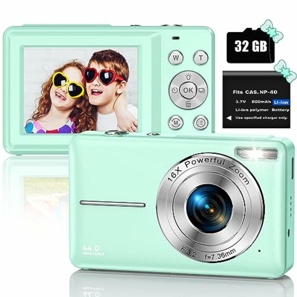 Digitalkamera Fotokamera Kompaktkamera mit 32GB SD-Karte, 1080P 44MP Mini , 2,5‘’LCD Wiederaufladbare Digital Kamera mit 16X Digitalzoom für Kinder, Erwachsene, Jungen, Mädchen(Grün)