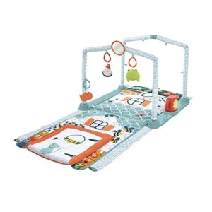 Fisher-Price HJK45 - 3-in-1 Kleine Ferienhaus Spieldecke, Spieldecke für das Spielen in Bauchlage und Tunnel zum Hindurchkrabbeln mit Spielzeug für Babys und Kleinkinder ab der Geburt