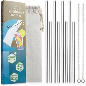 Glas Strohhalm Set: 8 Glas Trinkhalme Wiederverwendbar – Reinigungsbürsten und Baumwollbeutel – Spülmaschinenfest und Umweltfreundlich – Strohhalm Wiederverwendbar – Glasstrohhalme lang – LIVAIA