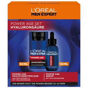 L'Oréal Men Expert Pflegeset gegen Falten für Männer, Geschenkset mit Anti-Aging Gesichtscreme und Serum für müde und matte Haut, Geschenk für Herren mit Hyaluronsäure, Power Age, 1 x 50 ml, 1 x 30 ml