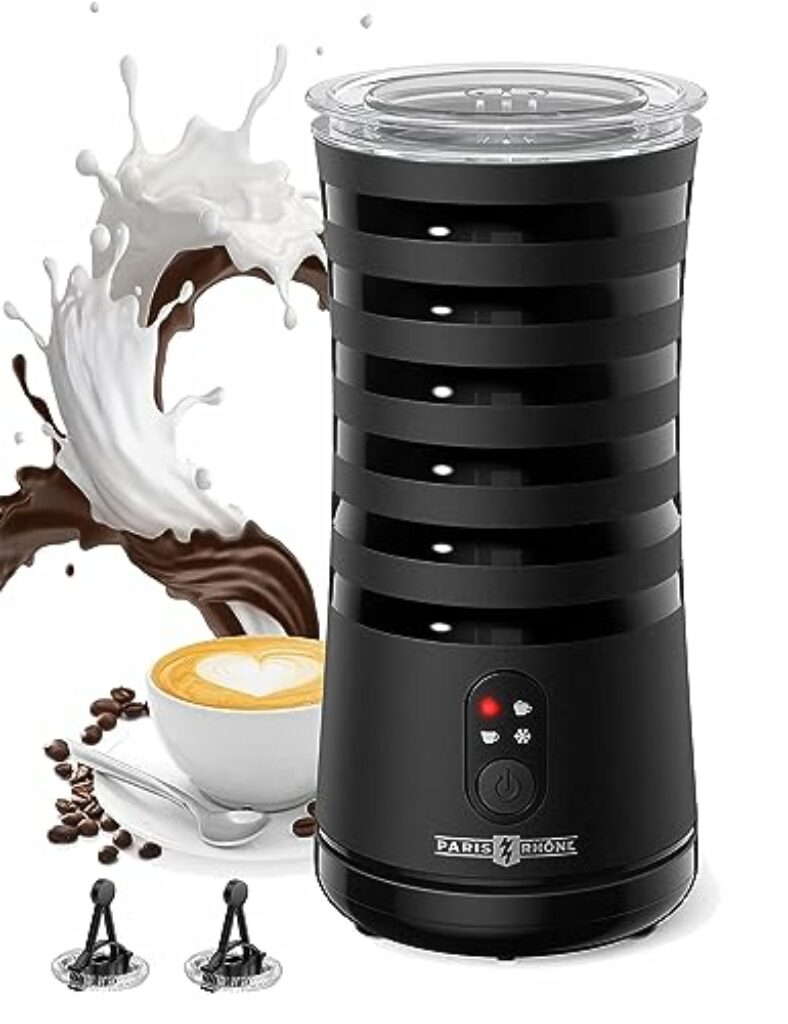 PARIS RHÔNE Milchaufschäumer Elektrisch 4-in-1 Milchschäumer für Heißer und Kalter Milchschaum, Warme Milch, Rutschfest Griffige Form Automatische Abschaltung Milchbehälter,Schwarz