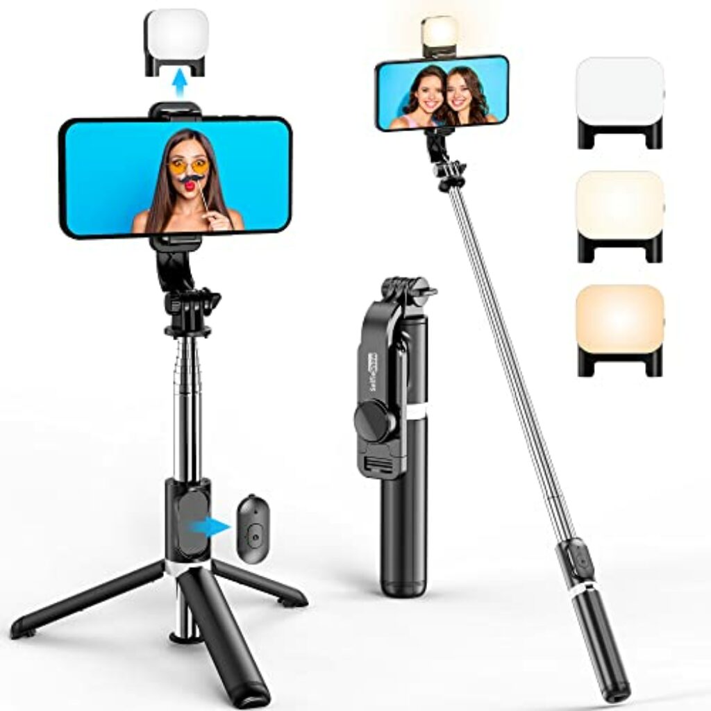Selfie Stick Stativ mit Fülllicht, Erweiterbar 106CM SelfieStick mit Abnehmbarer Fernbedienung, 360 Drehbar Handy Stativ Kompatibel mit iPhone 14 Pro Max/14 Pro/14/13/12/11/8/7, Samsung Smartphone