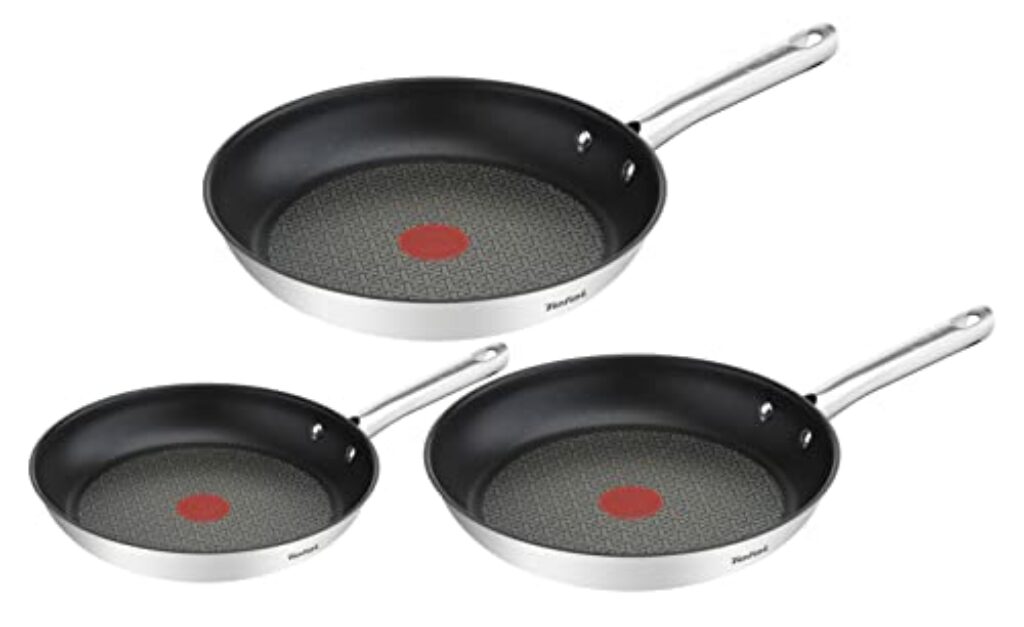 Tefal A704S3 Duetto 3-teiliges Bratpfannen-Set | 20,24 und 28 cm | integrierter Temperaturindikator | geeignet für alle Herdarten, auch für Induktionsherde | Edelstahl/Schwarz | 51,5 x 35,5 x 18 cm