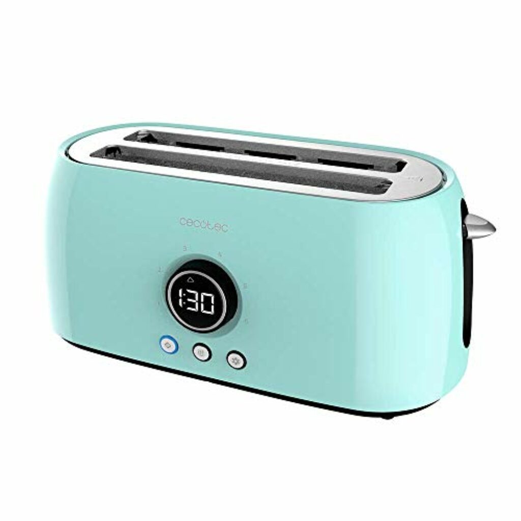 Cecotec Digitaler Toaster ClassicToast 15000 Blue Extra Double, 1500 W, 2 extra breite Langschlitze für 4 Scheiben Brot, Digitales Display, 3 Funktionen, Oberseitige Halterungen, Türkis