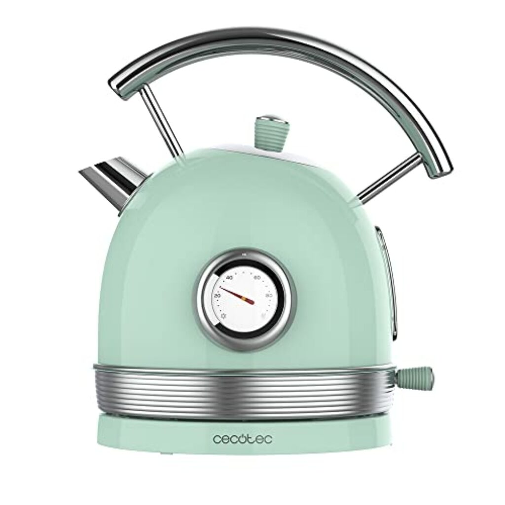 Cecotec ThermoSense Elektrischer Wasserkocher 420 Light Green. 1, 8 Liter Fassungsvermögen, 2200 W, Temperaturmessung, Basis 360 Grad, Edelstahl, Vintage-Stil, Grün, 01483