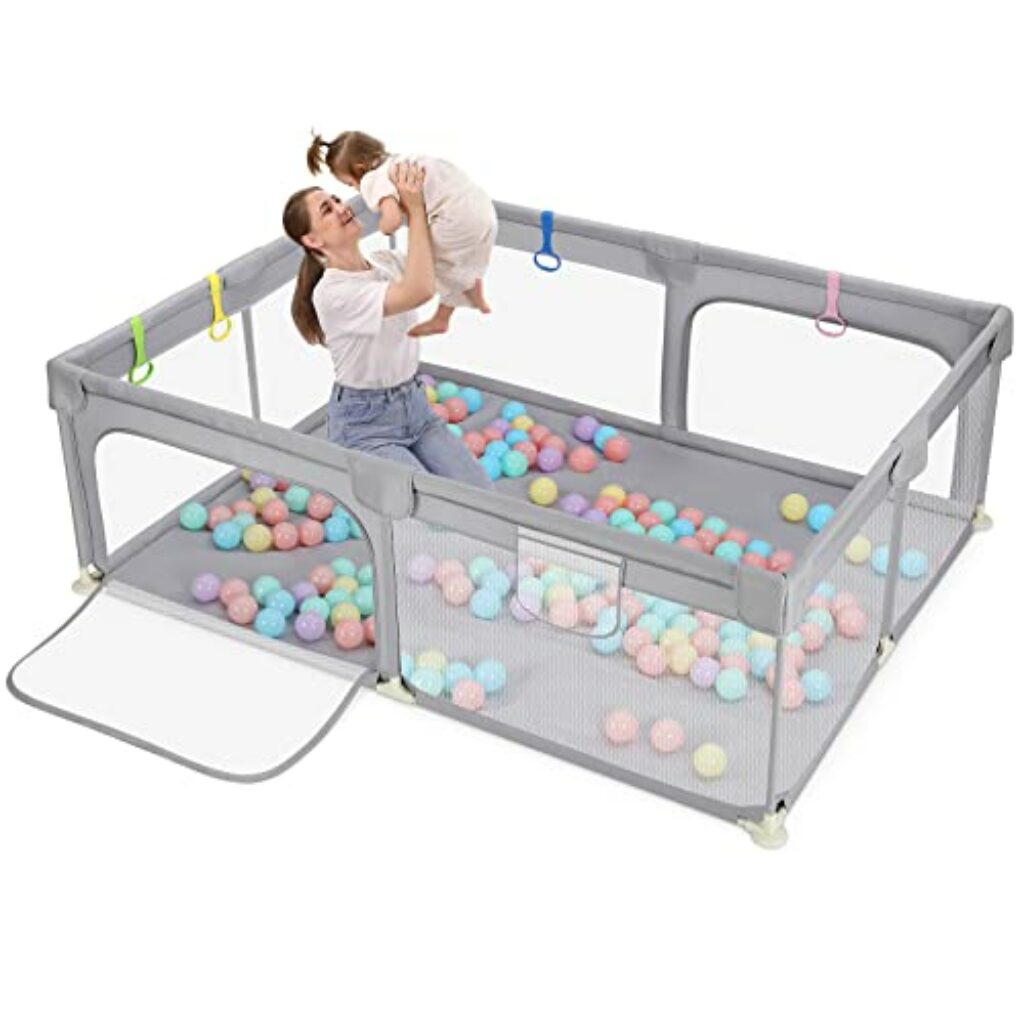 Dripex Laufstall Baby, Laufgitter baby 300D Oxford-Gewebe, Absperrgitter mit atmungsaktivem Netz Schutzgitter Krabbelgitter für Kinder, große Sicherheitsspielplatz, 150x200cm Grau