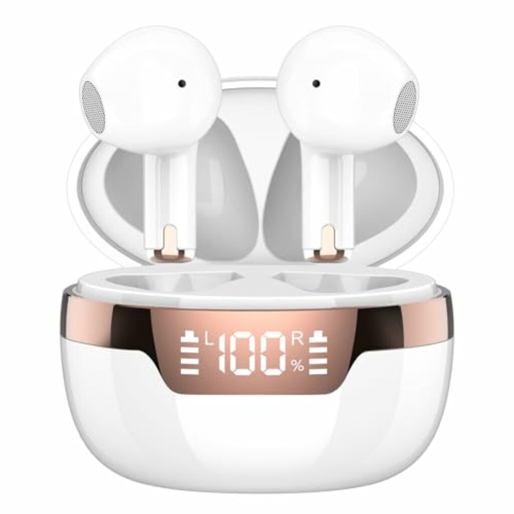 DUSONLAP Bluetooth Kopfhörer, Mini Kopfhörer Kabellos Bluetooth 5.3 mit HD Mikrofon, 47Std Premium-Tiefbass Wireless Kopfhörer mit Dual LED Anzeige, Leichtes Design, IP7 wasserdichte Ohrhörer Weiß