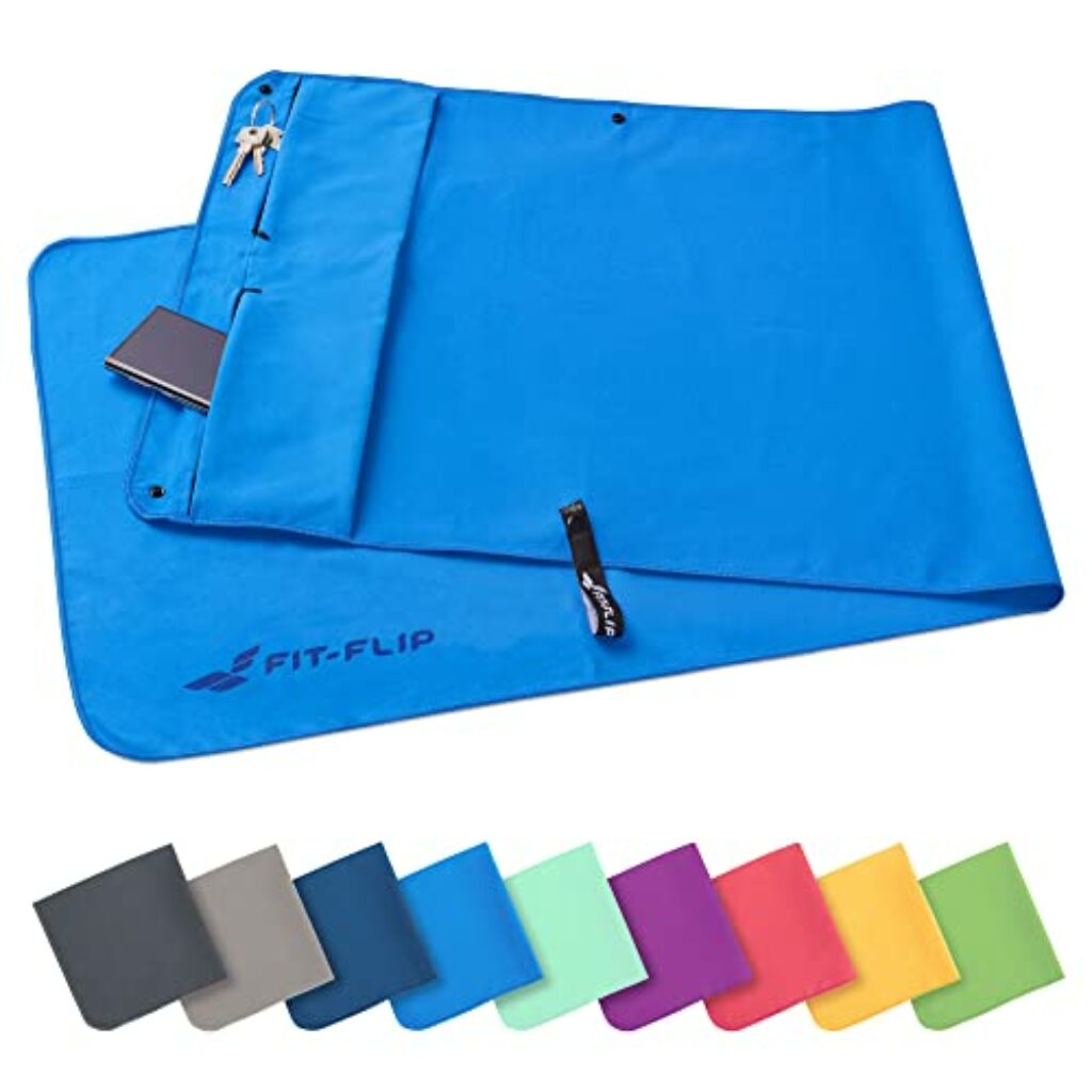 Fitness Handtuch rutschfest - mit Magnet und Reißverschluss Tasche - Gym Handtuch aus Mikrofaser - Kompakt & Schnelltrocknend - Sporthandtuch Fitnessstudio - Blau - 130x48cm