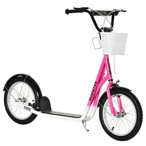 HOMCOM Kinderroller Scooter Tretroller mit Bremse Korb höhenverstellbar für 5-12 Kinder Roller Kickboard Aluminiumlegierung Gummi Rosa+Weiß 139 x 58 x 90-96 cm