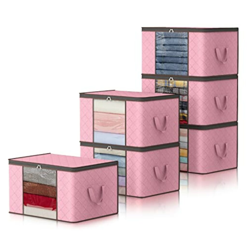 Lifewit 6 Stück 90L Aufbewahrungstasche, Aufbewahrungsbox mit Deckel, Groß Kleideraufbewahrung Umzugskartons, Faltbare Aufbewahrung Boxen für Bettdecken Decken Kleidung Unterbett Kleiderschrank, Rosa