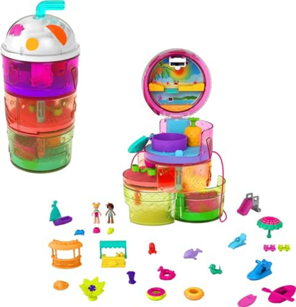 Polly Pocket HFP99 - Ausklappspaß-Schatulle Fruchtsmoothie, Spielset in Form eines tropischen Fruchtsmoothies, Wasserpark-Thema, drei Etagen, Spielzeug ab 4 Jahren
